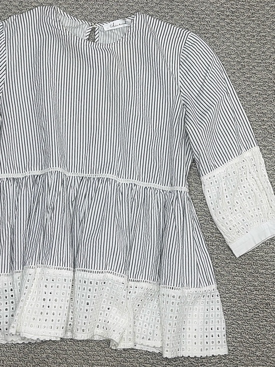 Chicwish Tops - ChicWish Black white Pinstripe Eyelet Baby Doll Ruffled Blouse  Size small